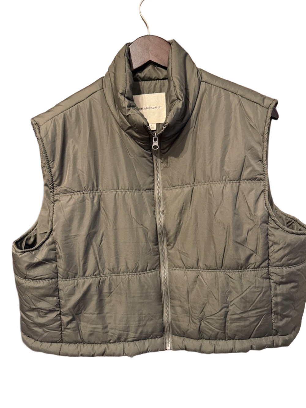Thread & Supply Cropped Olive Green Puffer Vest Size L - Picture 2 of 3